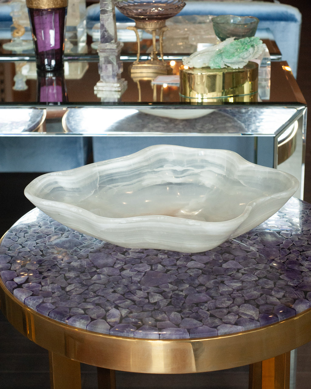 CONTEMPORARY FREEFORM HAND CARVED BANDED ONYX BOWL