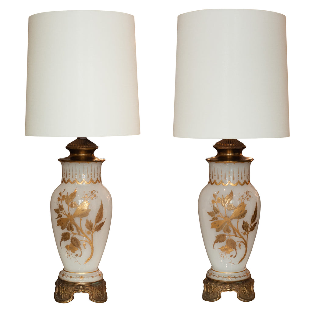 ANTIQUE FRENCH PAIR OF OPALINE WHITE & GOLD LAMPS WITH WHITE LINEN SHADES