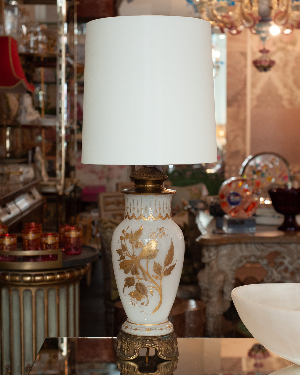 ANTIQUE FRENCH PAIR OF OPALINE WHITE & GOLD LAMPS WITH WHITE LINEN SHADES