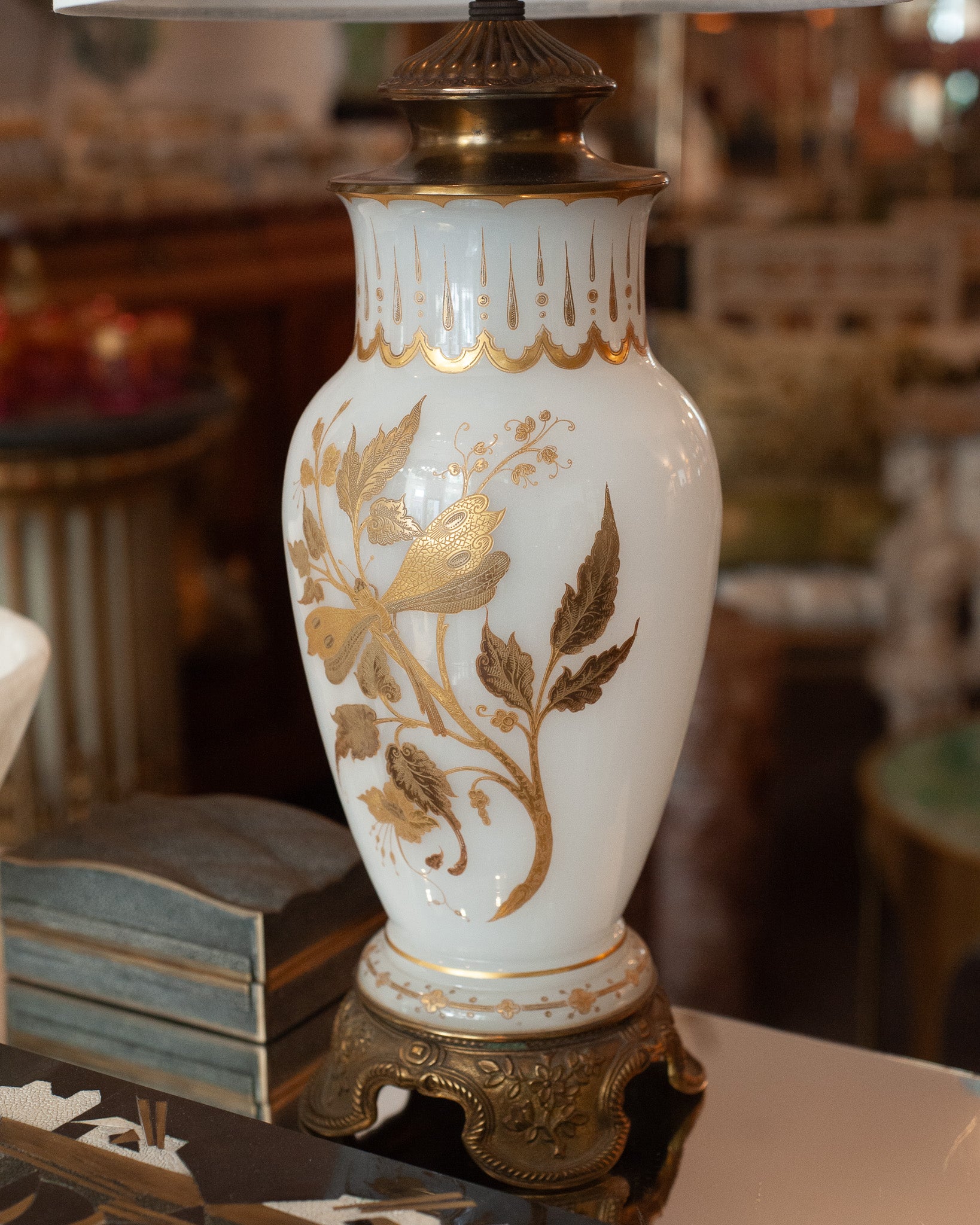 ANTIQUE FRENCH PAIR OF OPALINE WHITE & GOLD LAMPS WITH WHITE LINEN SHADES