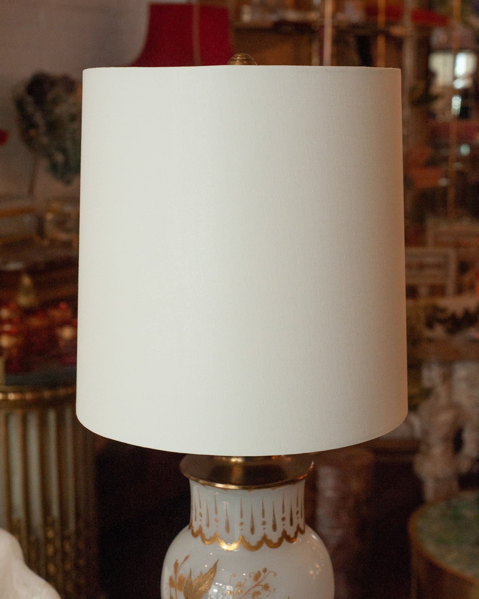 ANTIQUE FRENCH PAIR OF OPALINE WHITE & GOLD LAMPS WITH WHITE LINEN SHADES