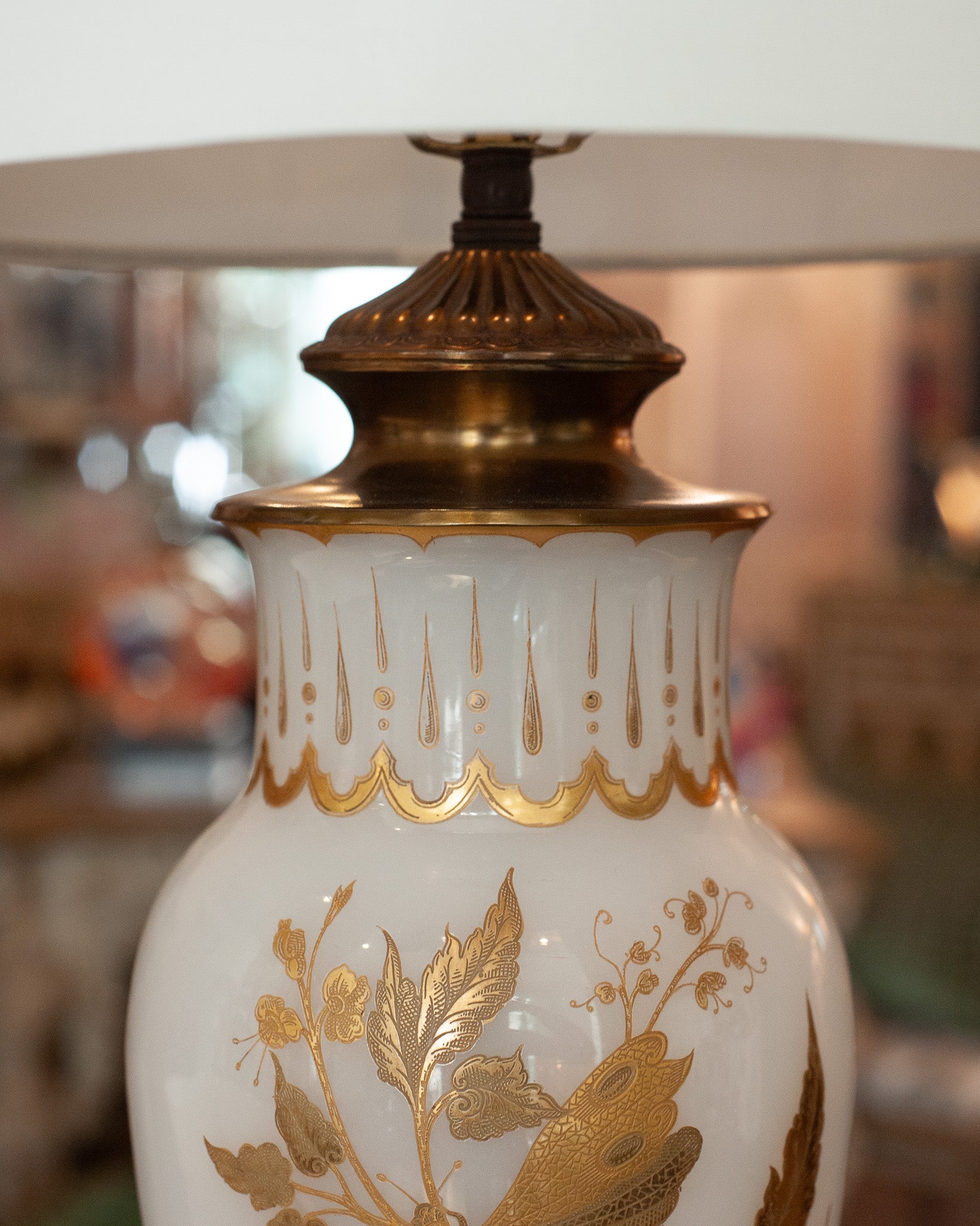 ANTIQUE FRENCH PAIR OF OPALINE WHITE & GOLD LAMPS WITH WHITE LINEN SHADES