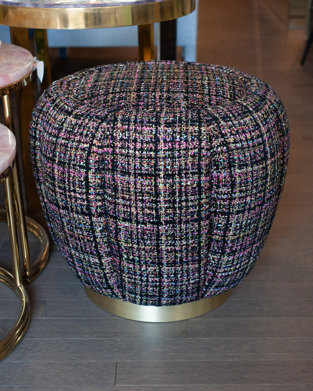 STUDIO MAISON NURITA MELON OTTOMAN IN BLACK TWEED WITH BRUSHED GOLD METAL BASE