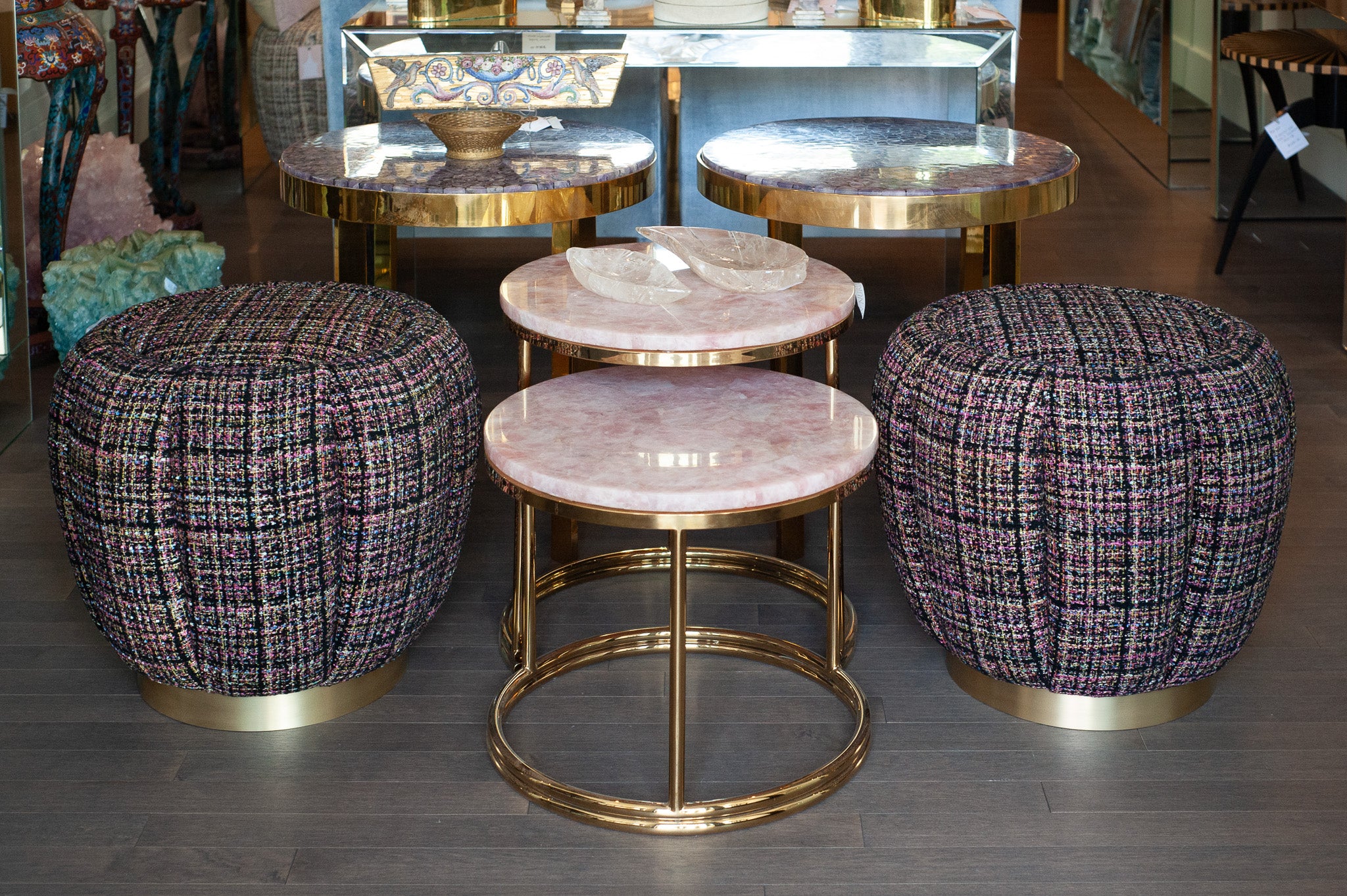 STUDIO MAISON NURITA MELON OTTOMAN IN BLACK TWEED WITH BRUSHED GOLD METAL BASE