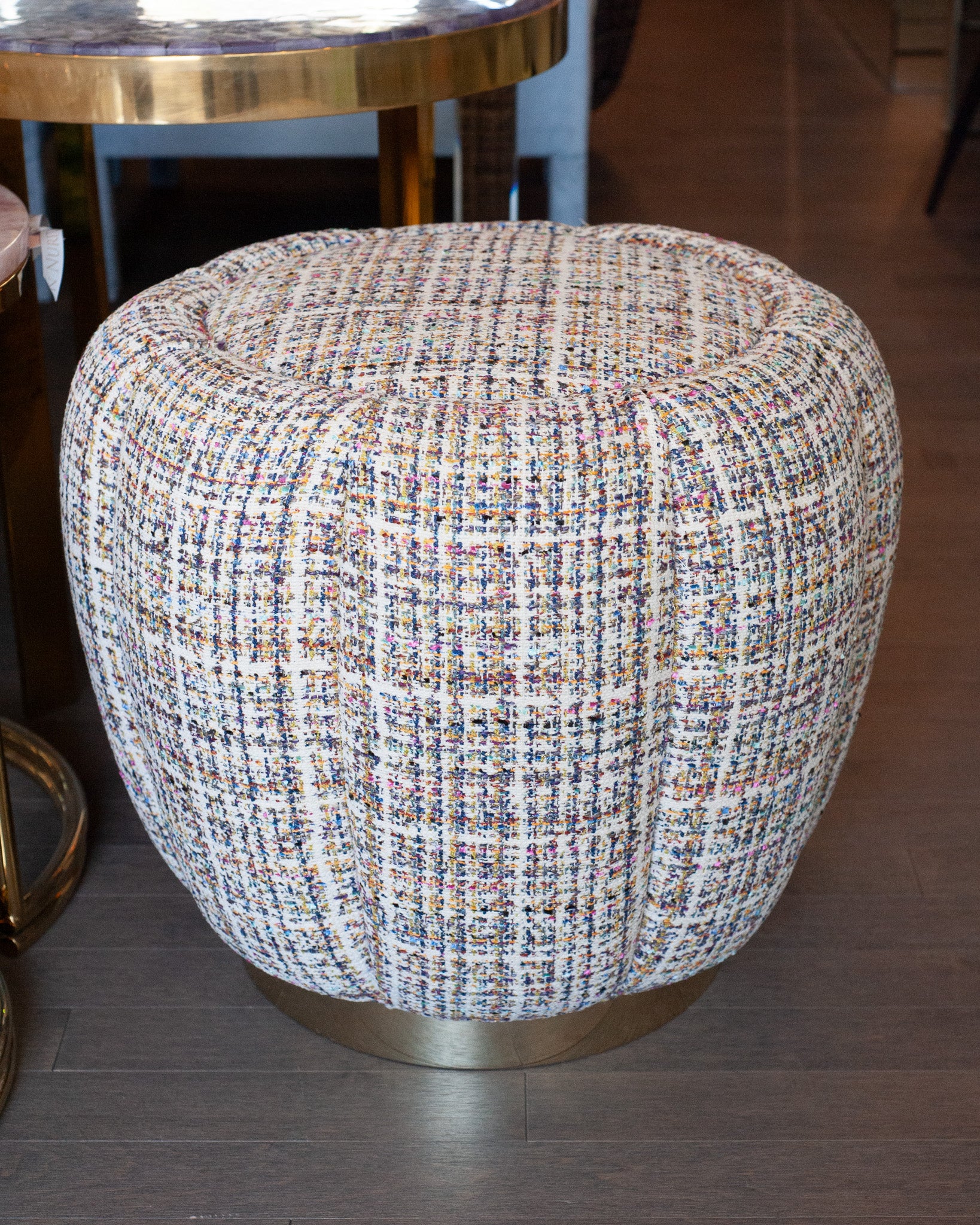 STUDIO MAISON NURITA MELON OTTOMAN IN WHITE TWEED WITH POLISHED GOLD METAL BASE