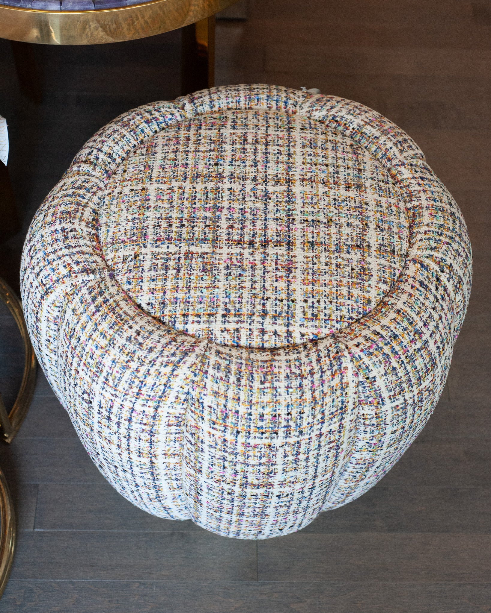 STUDIO MAISON NURITA MELON OTTOMAN IN WHITE TWEED WITH POLISHED GOLD METAL BASE