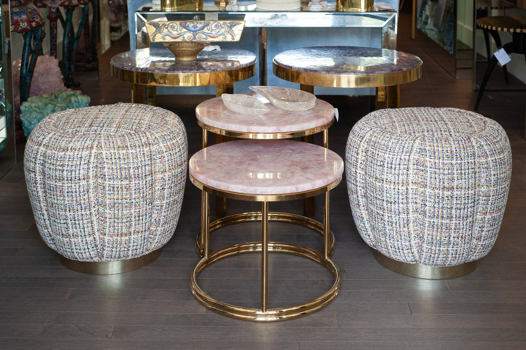 STUDIO MAISON NURITA MELON OTTOMAN IN WHITE TWEED WITH POLISHED GOLD METAL BASE