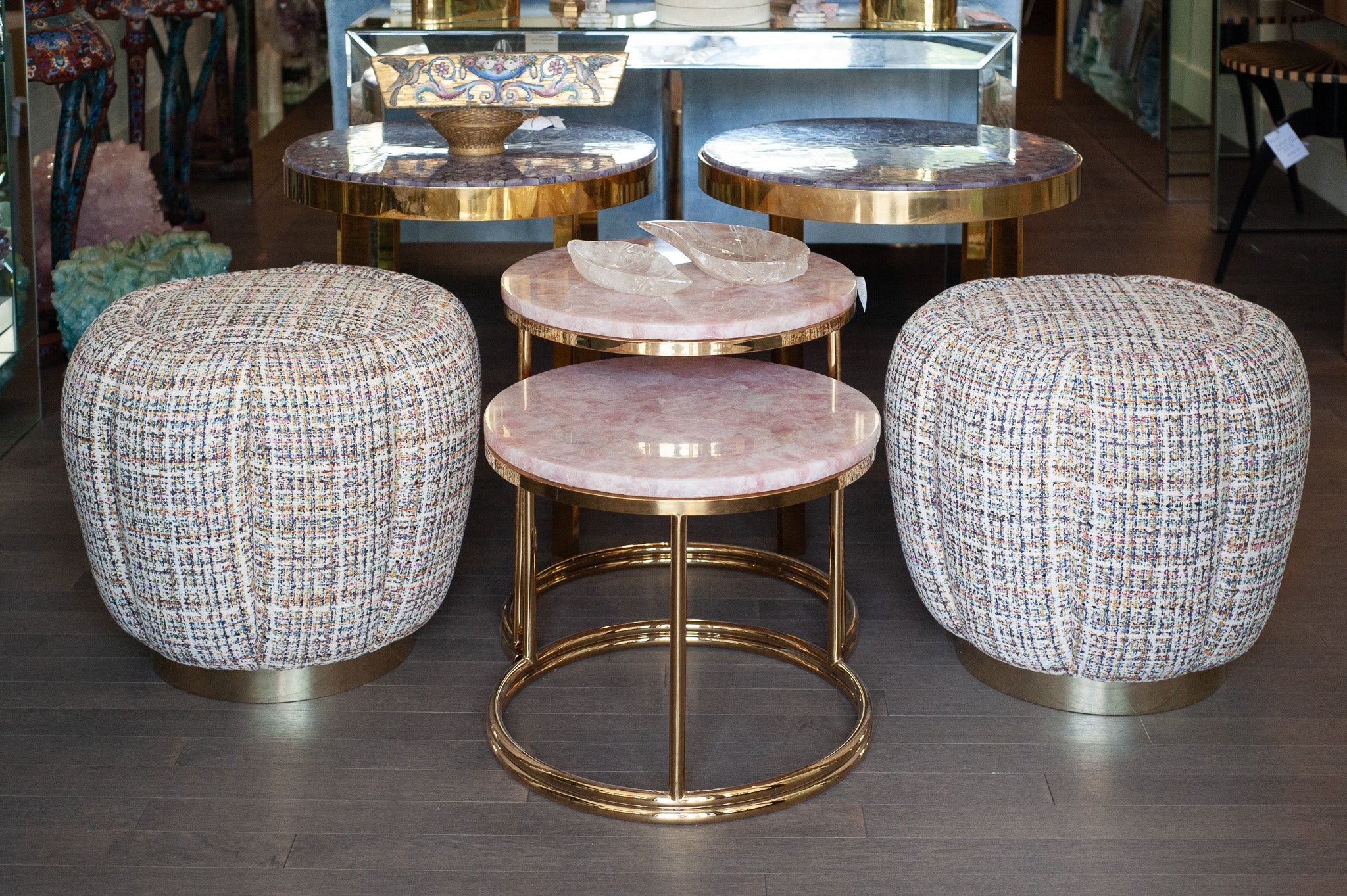 STUDIO MAISON NURITA MELON OTTOMAN IN WHITE TWEED WITH POLISHED GOLD METAL BASE