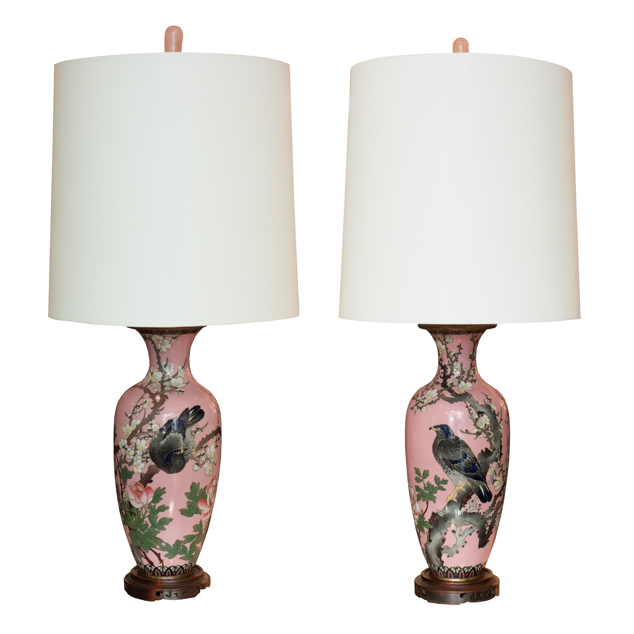 ANTIQUE JAPANESE PAIR OF PORCELAIN LAMPS WITH WHITE LINEN SHADES