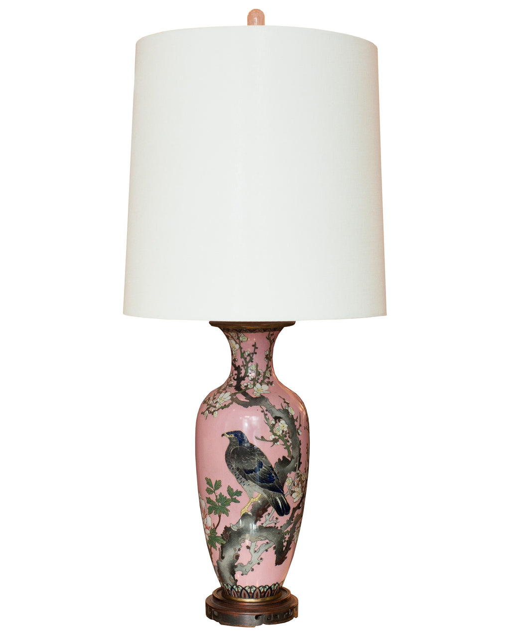 ANTIQUE JAPANESE PAIR OF PORCELAIN LAMPS WITH WHITE LINEN SHADES