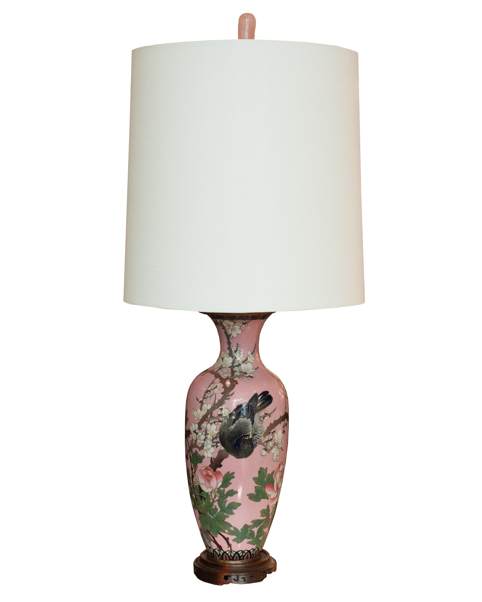 ANTIQUE JAPANESE PAIR OF PORCELAIN LAMPS WITH WHITE LINEN SHADES