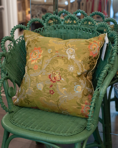 STUDIO MAISON NURITA RUBELLI GREEN FLORAL SILK LAMPAS AND SILK DAMASK PILLOW
