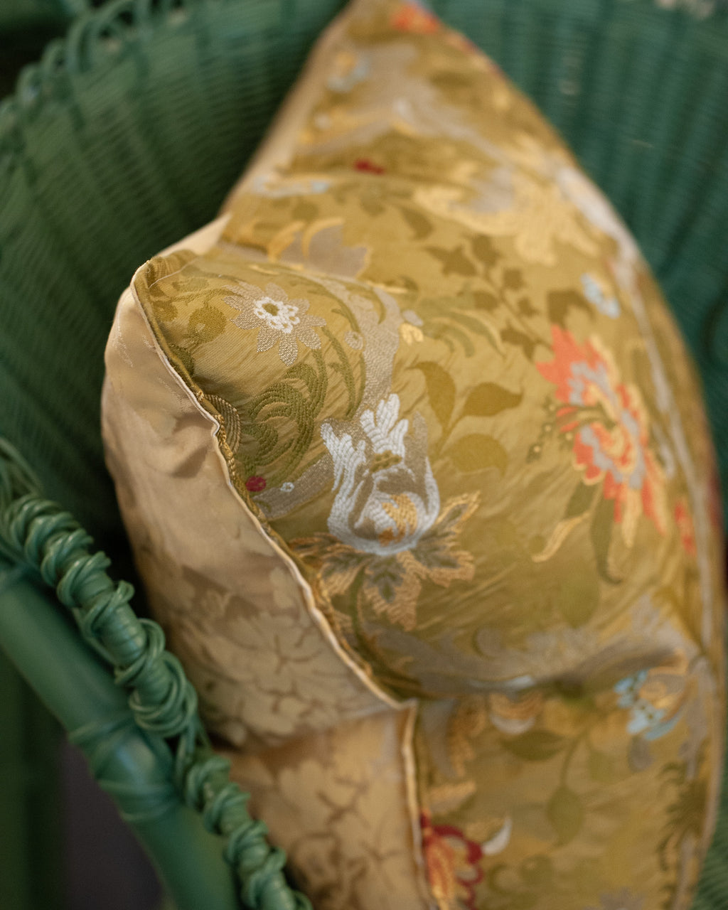 STUDIO MAISON NURITA RUBELLI GREEN FLORAL SILK LAMPAS AND SILK DAMASK PILLOW