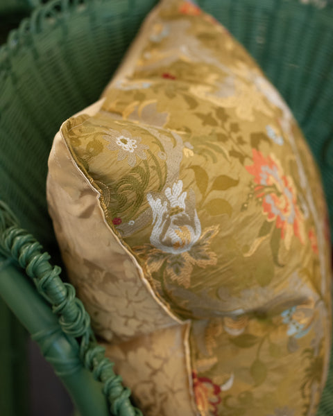 STUDIO MAISON NURITA RUBELLI GREEN FLORAL SILK LAMPAS AND SILK DAMASK PILLOW