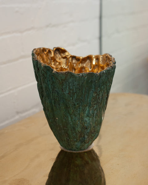 CONTEMPORARY GREEN PATINATED BRASS WOOD BARK VASE WITH POLISHED BRASS INTERIOR