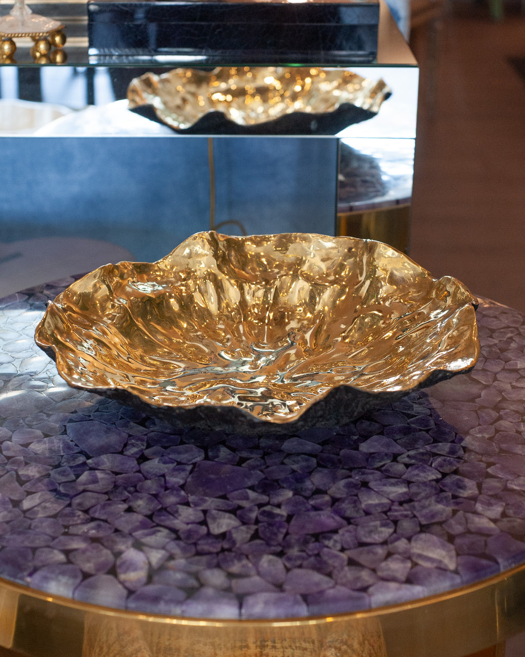 CONTEMPORARY BLACKENED BRASS LILYPAD TRAY WITH POLISHED BRASS INTERIOR