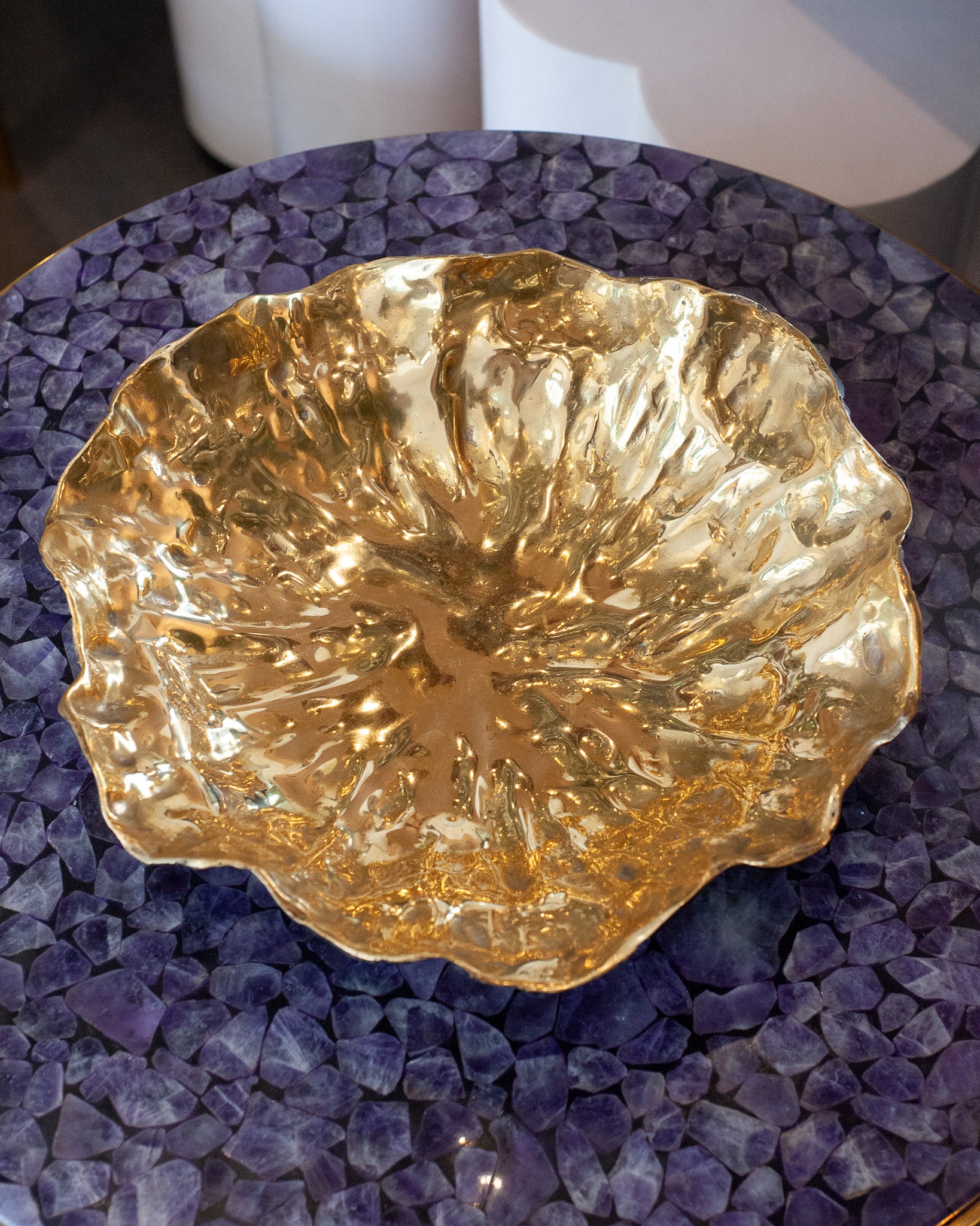 CONTEMPORARY BLACKENED BRASS LILYPAD TRAY WITH POLISHED BRASS INTERIOR