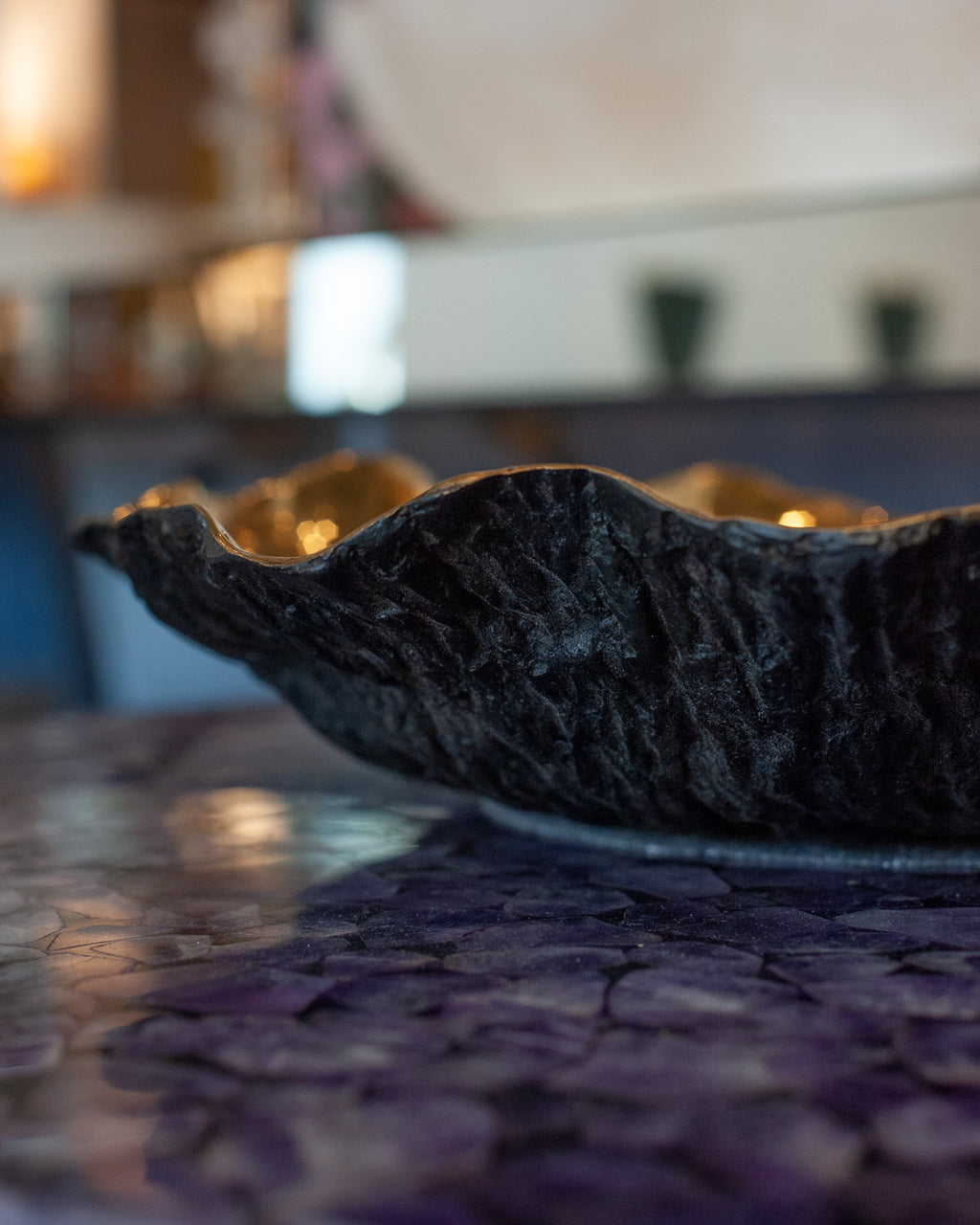 CONTEMPORARY BLACKENED BRASS LILYPAD TRAY WITH POLISHED BRASS INTERIOR