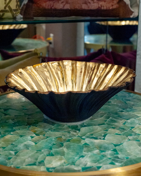 CONTEMPORARY LARGE BLACKENED BRASS FLUTED BOWL WITH POLISHED BRASS INTERIOR