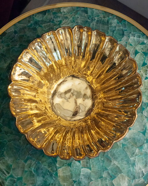 CONTEMPORARY LARGE BLACKENED BRASS FLUTED BOWL WITH POLISHED BRASS INTERIOR