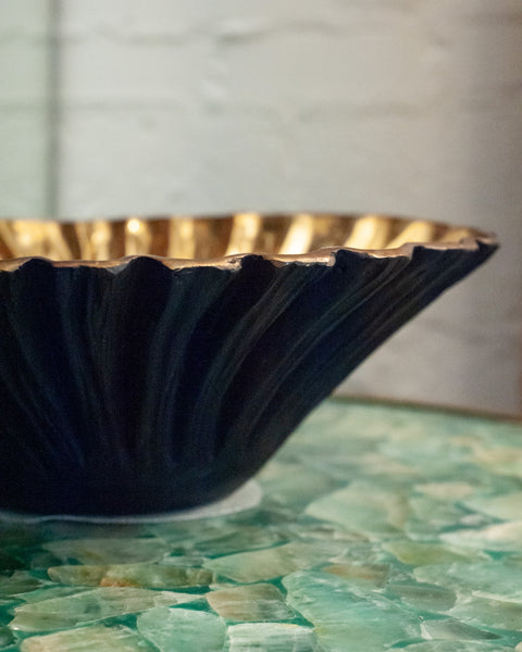 CONTEMPORARY LARGE BLACKENED BRASS FLUTED BOWL WITH POLISHED BRASS INTERIOR