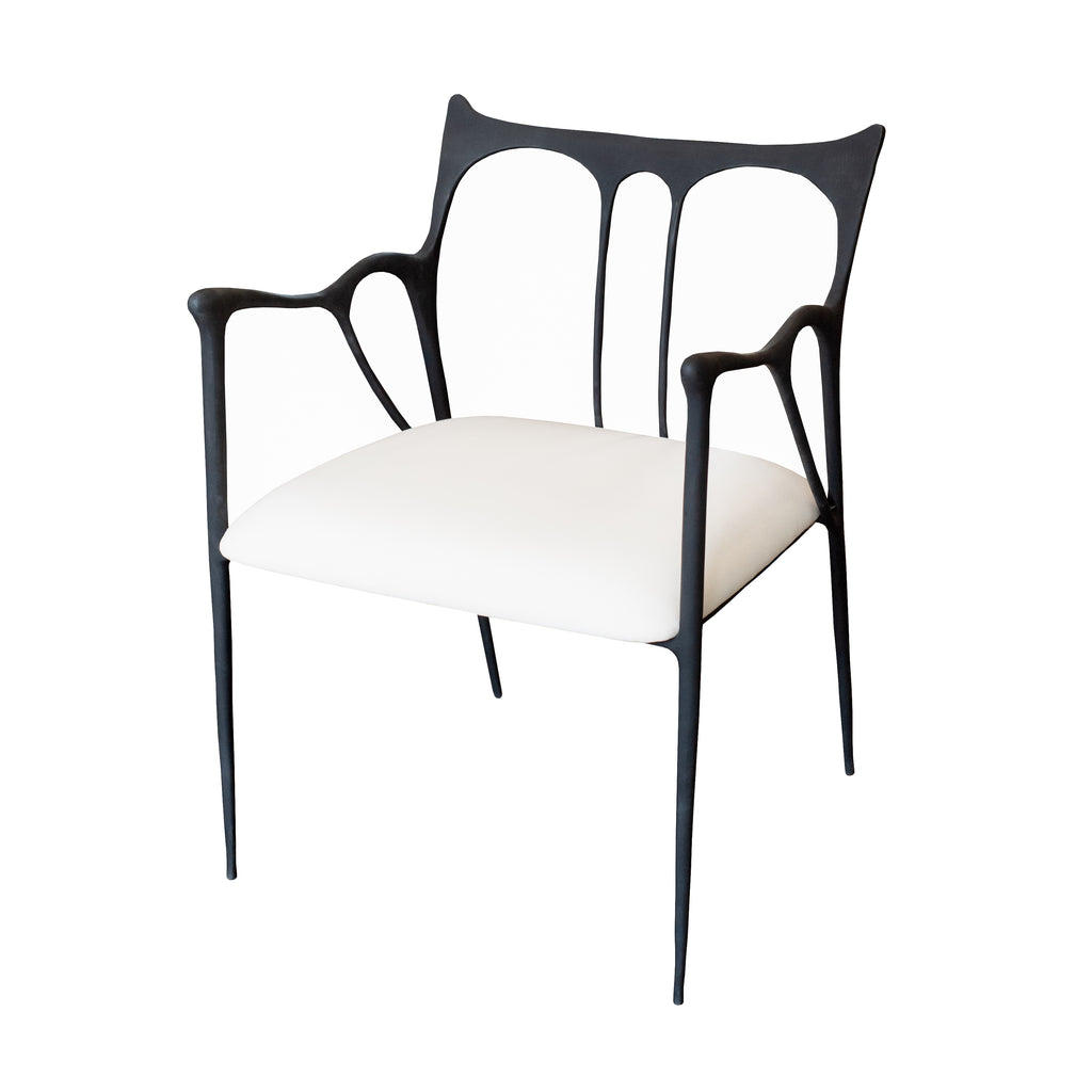 CONTEMPORARY BLACKENED CAST BRASS SCULPTURAL ARMCHAIR WITH CALICO SEAT