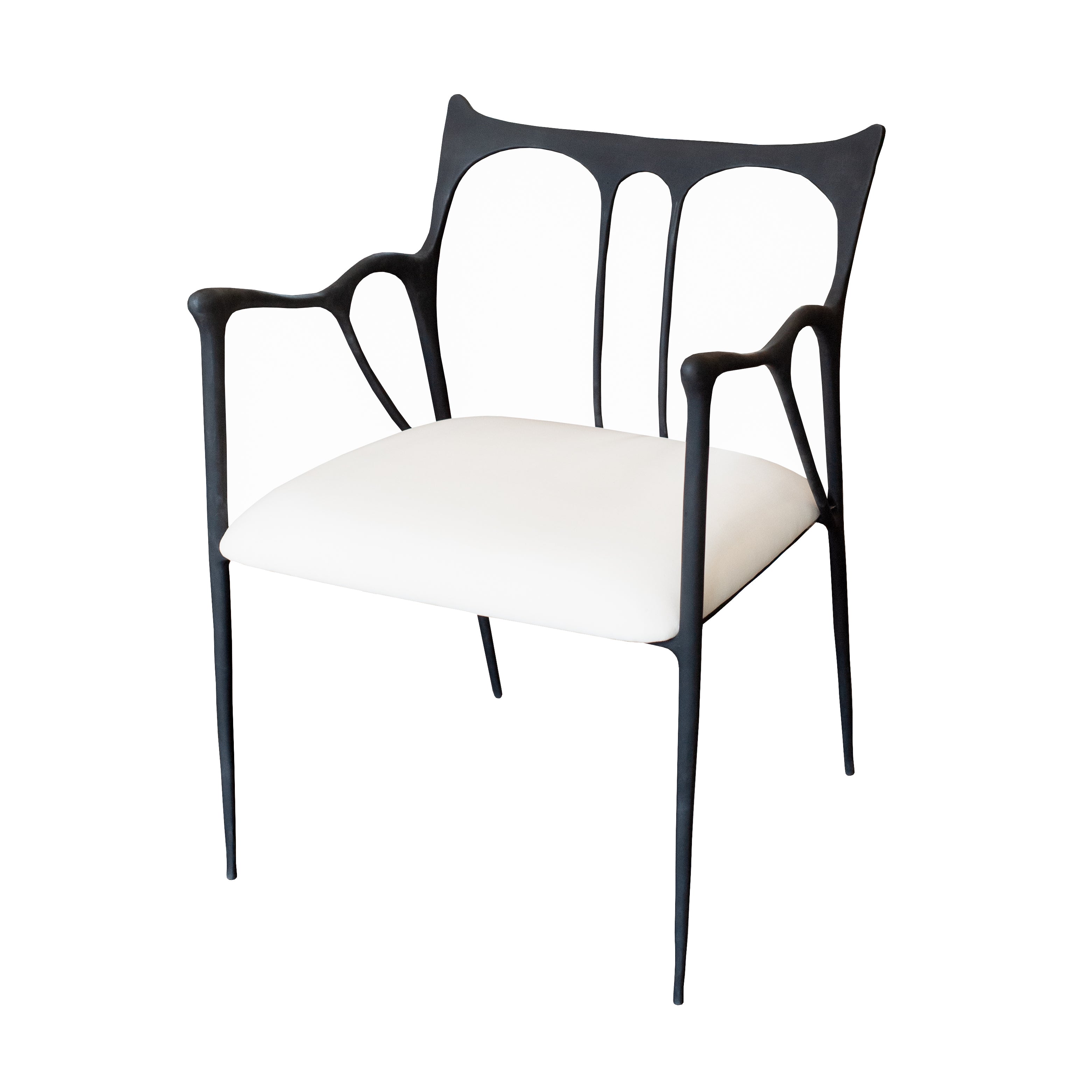 CONTEMPORARY BLACKENED CAST BRASS SCULPTURAL ARMCHAIR WITH CALICO SEAT