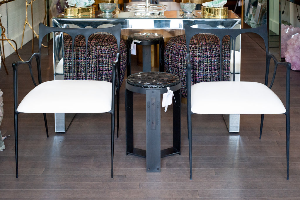 CONTEMPORARY BLACKENED CAST BRASS SCULPTURAL ARMCHAIR WITH CALICO SEAT