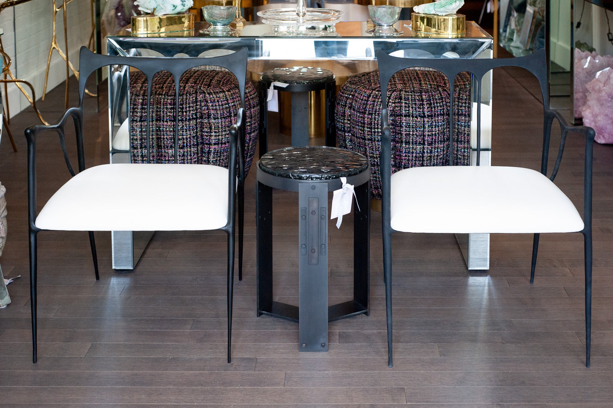 CONTEMPORARY BLACKENED CAST BRASS SCULPTURAL ARMCHAIR WITH CALICO SEAT