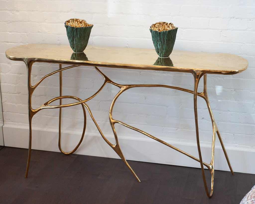 CONTEMPORARY POLISHED CAST BRASS SCULPTURAL CONSOLE TABLE