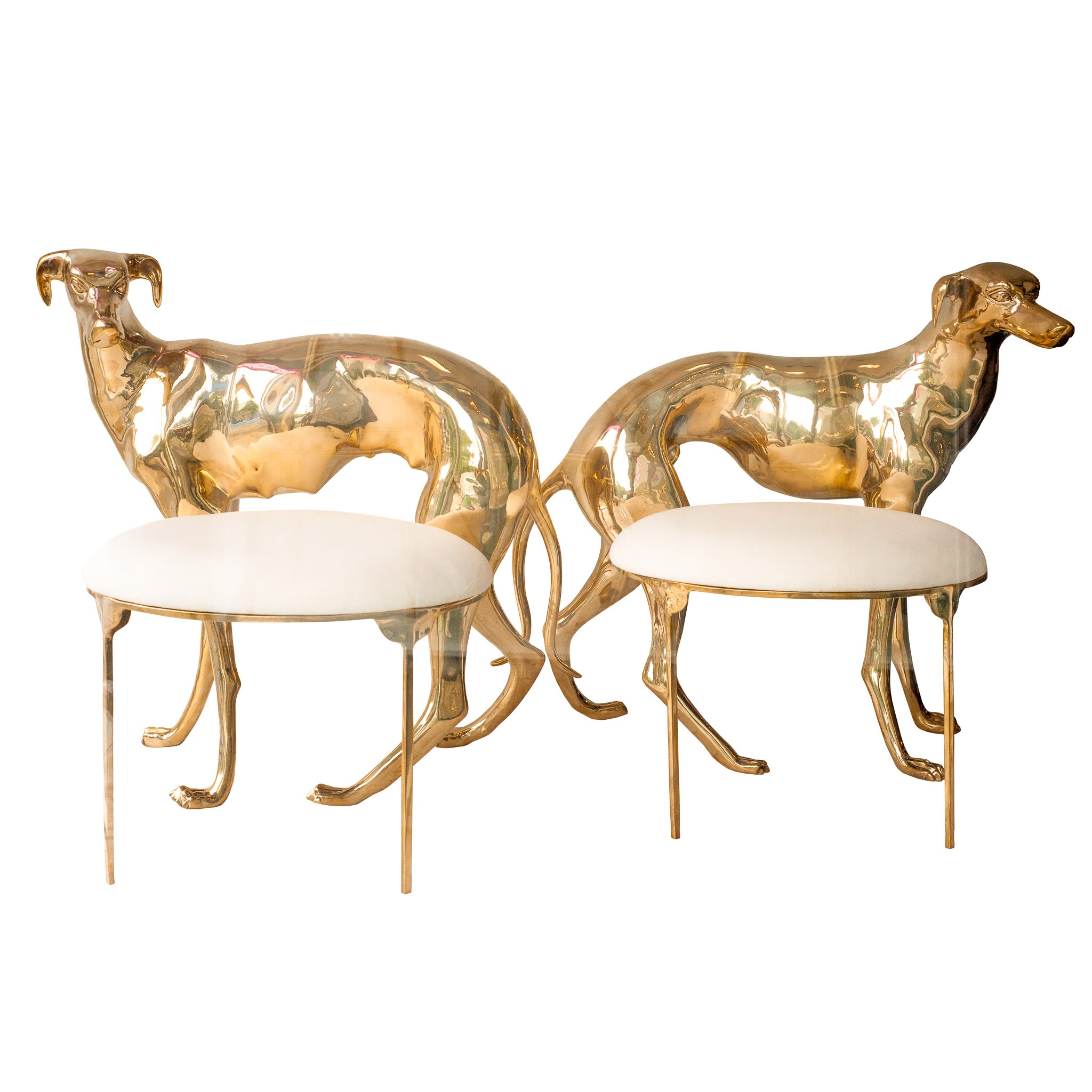 CONTEMPORARY PAIR OF POLISHED CAST BRASS GREYHOUND CHAIRS
