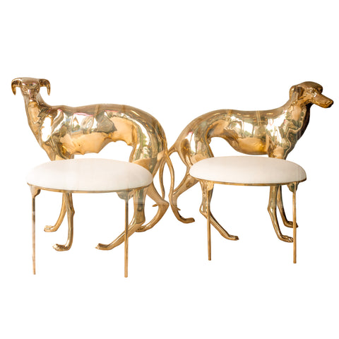 CONTEMPORARY PAIR OF POLISHED CAST BRASS GREYHOUND CHAIRS