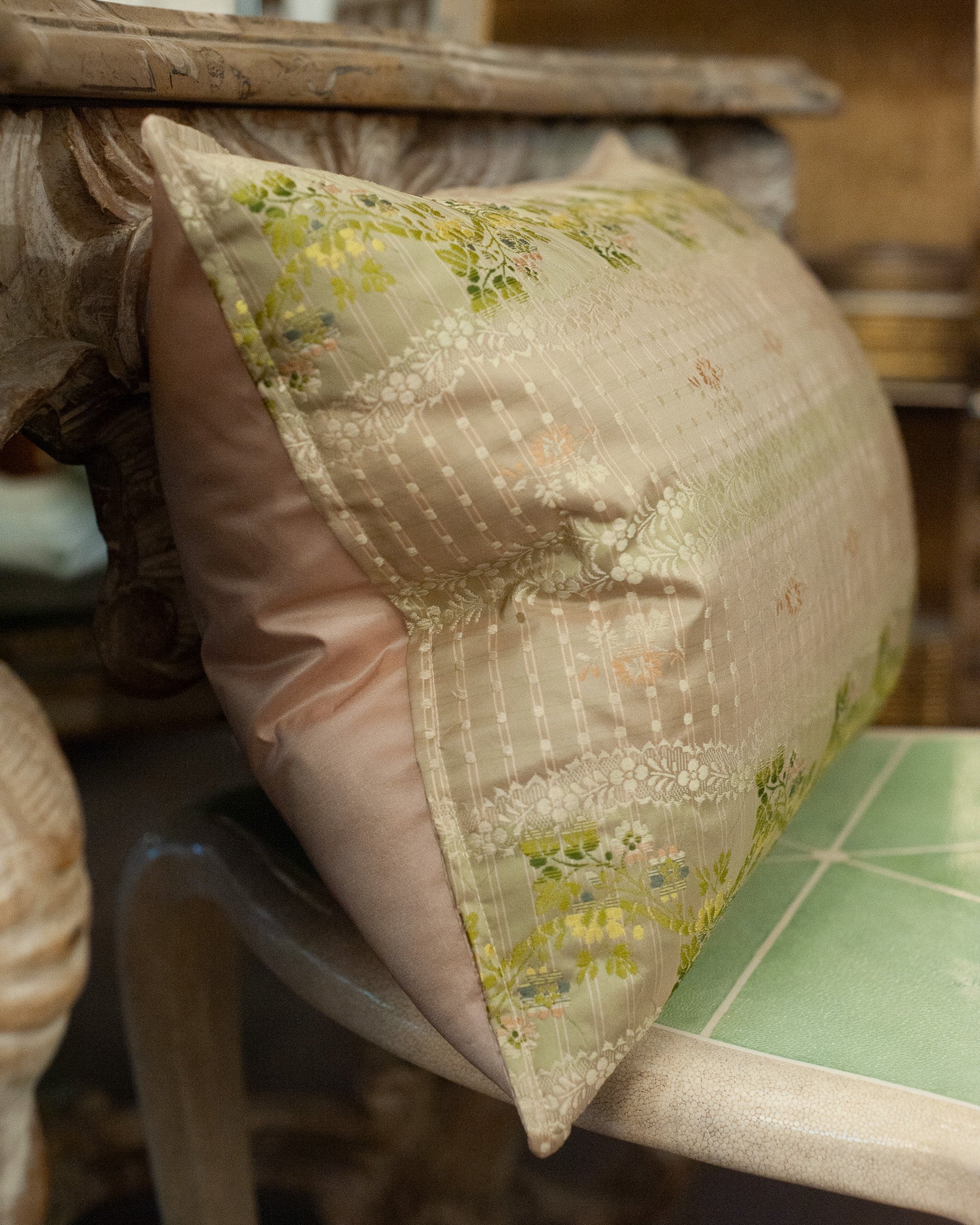 STUDIO MAISON NURITA SOFT PINK DOCUMENT PRINT FLORAL BROCADE PILLOW