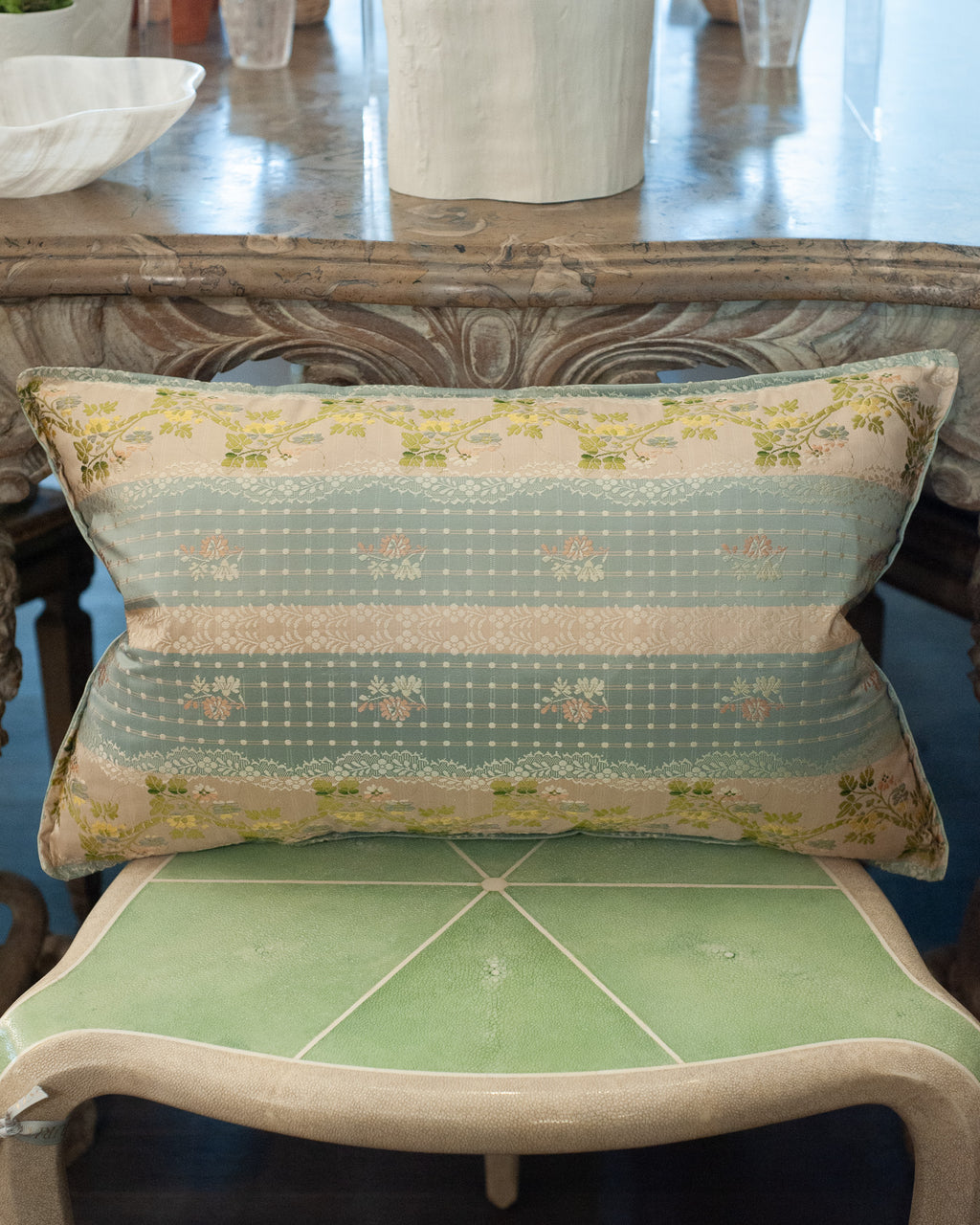 STUDIO MAISON NURITA SOFT BLUE DOCUMENT PRINT FLORAL BROCADE PILLOW