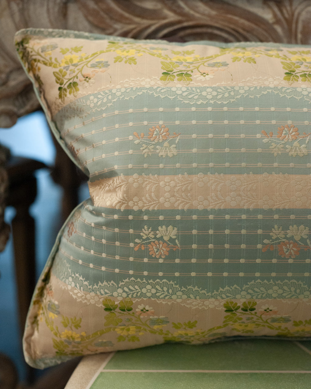 STUDIO MAISON NURITA SOFT BLUE DOCUMENT PRINT FLORAL BROCADE PILLOW