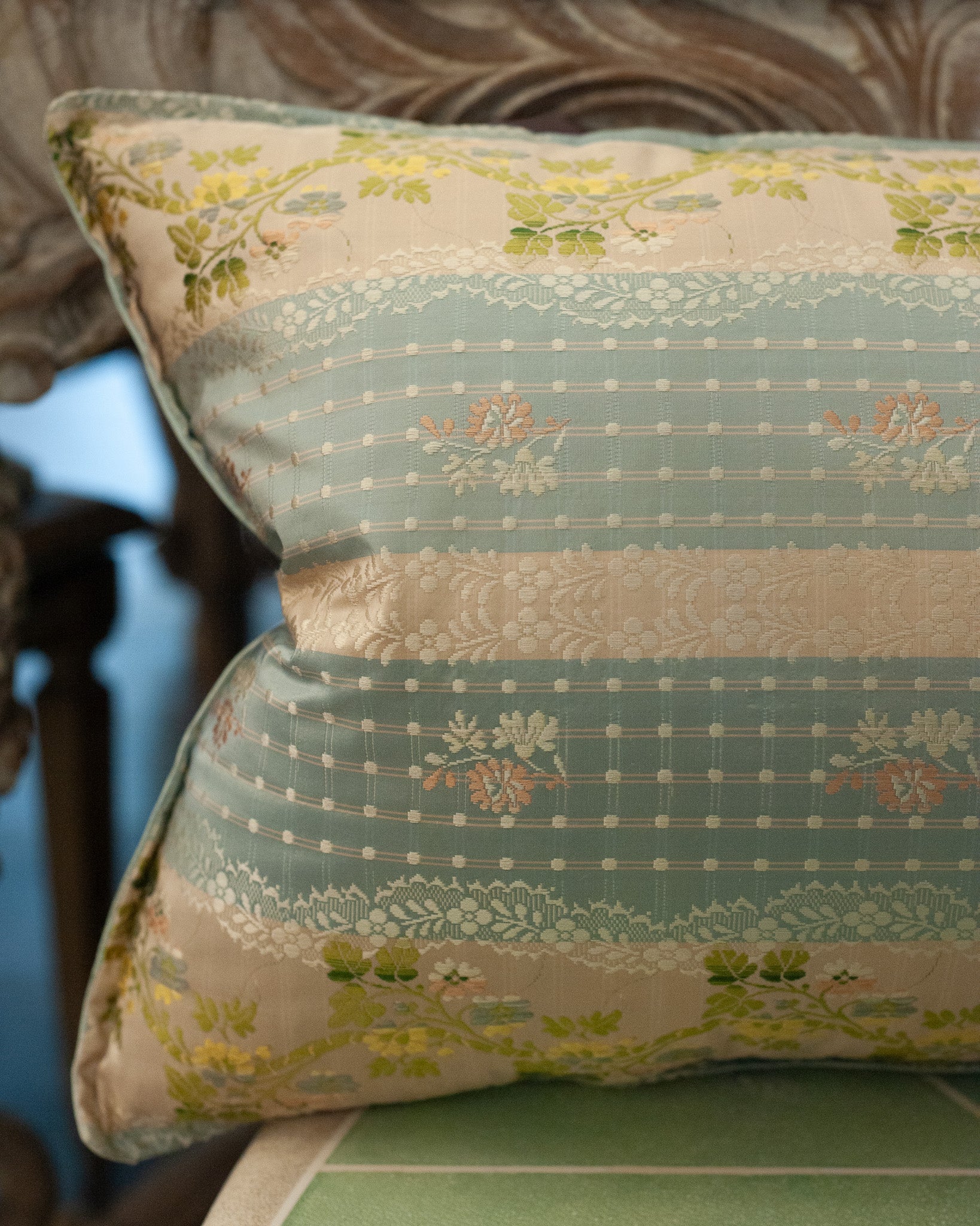 STUDIO MAISON NURITA SOFT BLUE DOCUMENT PRINT FLORAL BROCADE PILLOW