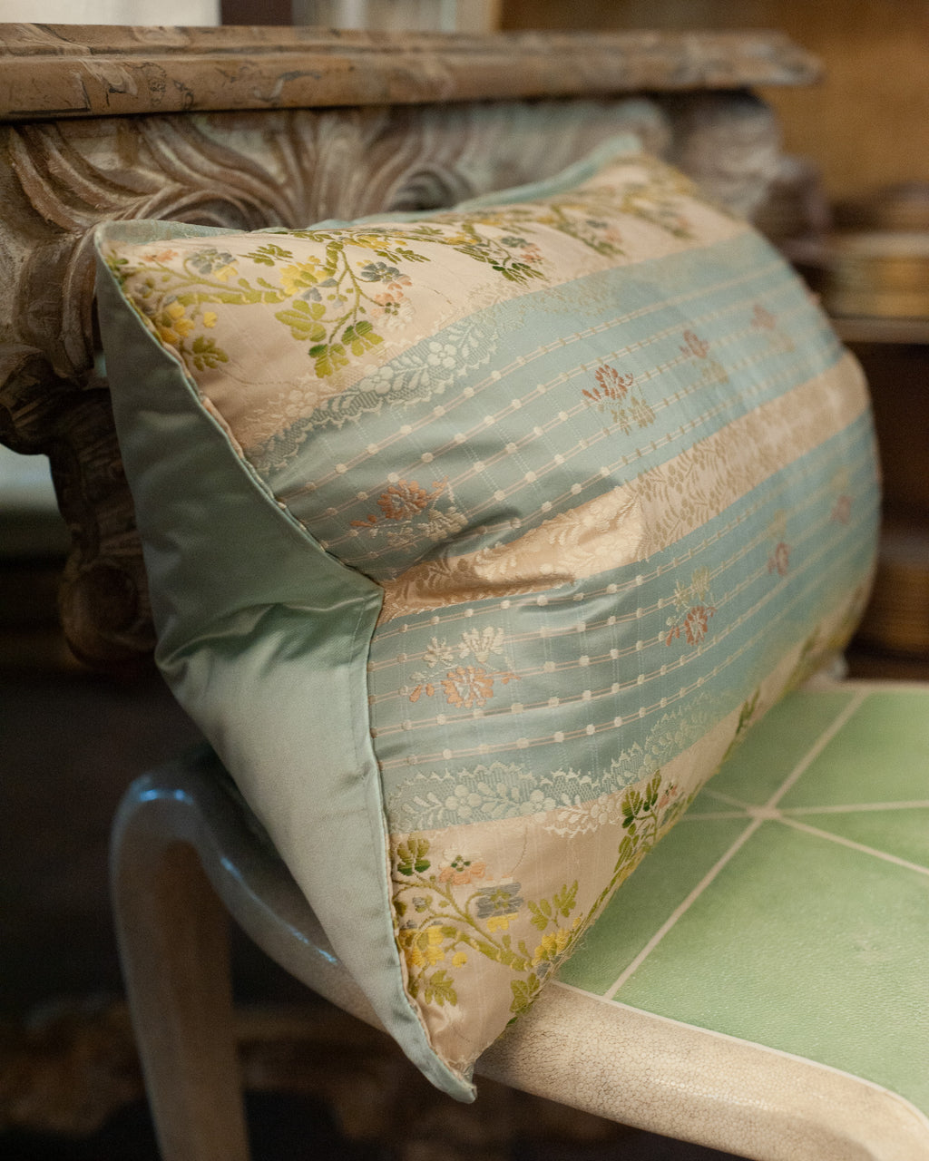 STUDIO MAISON NURITA SOFT BLUE DOCUMENT PRINT FLORAL BROCADE PILLOW