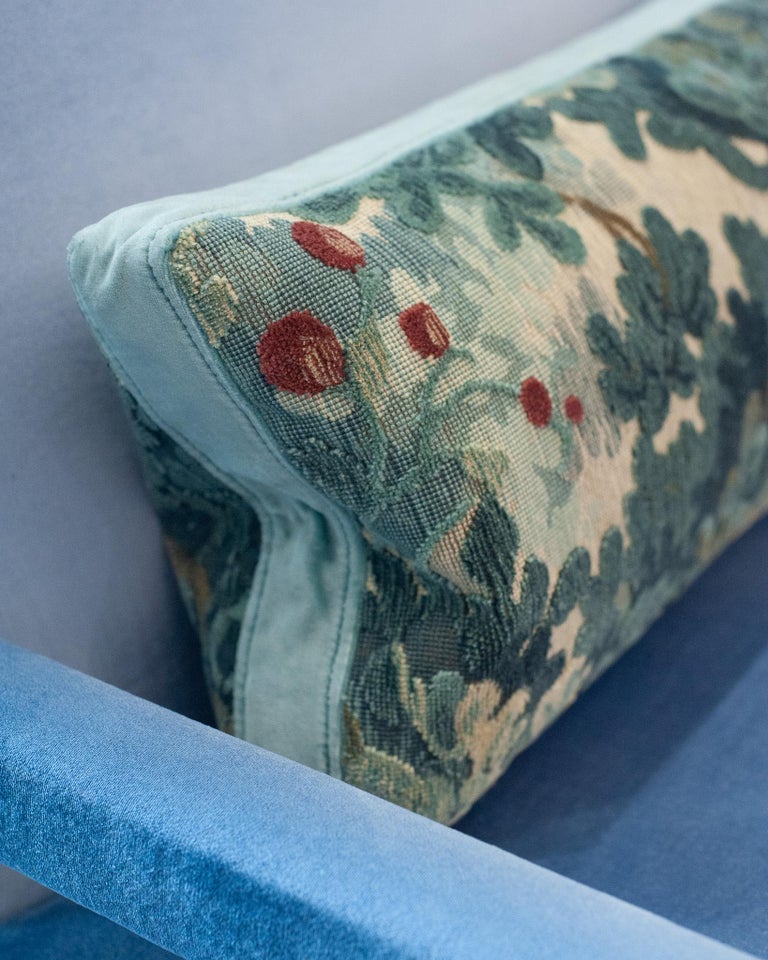 STUDIO MAISON NURITA COLONY "MARLY" BLUE LINEN VELVET VEDURE TAPESTRY PILLOW