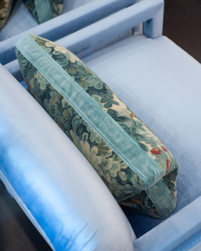 STUDIO MAISON NURITA COLONY "MARLY" BLUE LINEN VELVET VEDURE TAPESTRY PILLOW