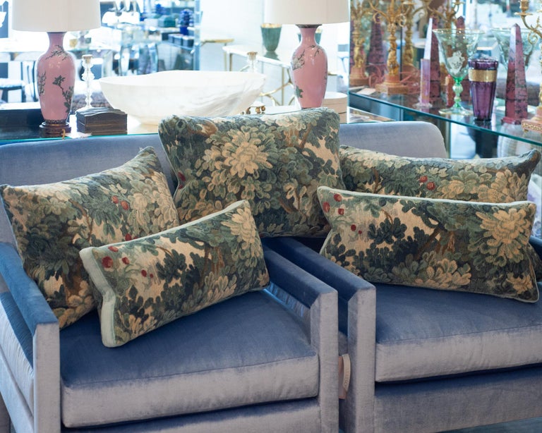 STUDIO MAISON NURITA COLONY "MARLY" BLUE LINEN VELVET VEDURE TAPESTRY PILLOW