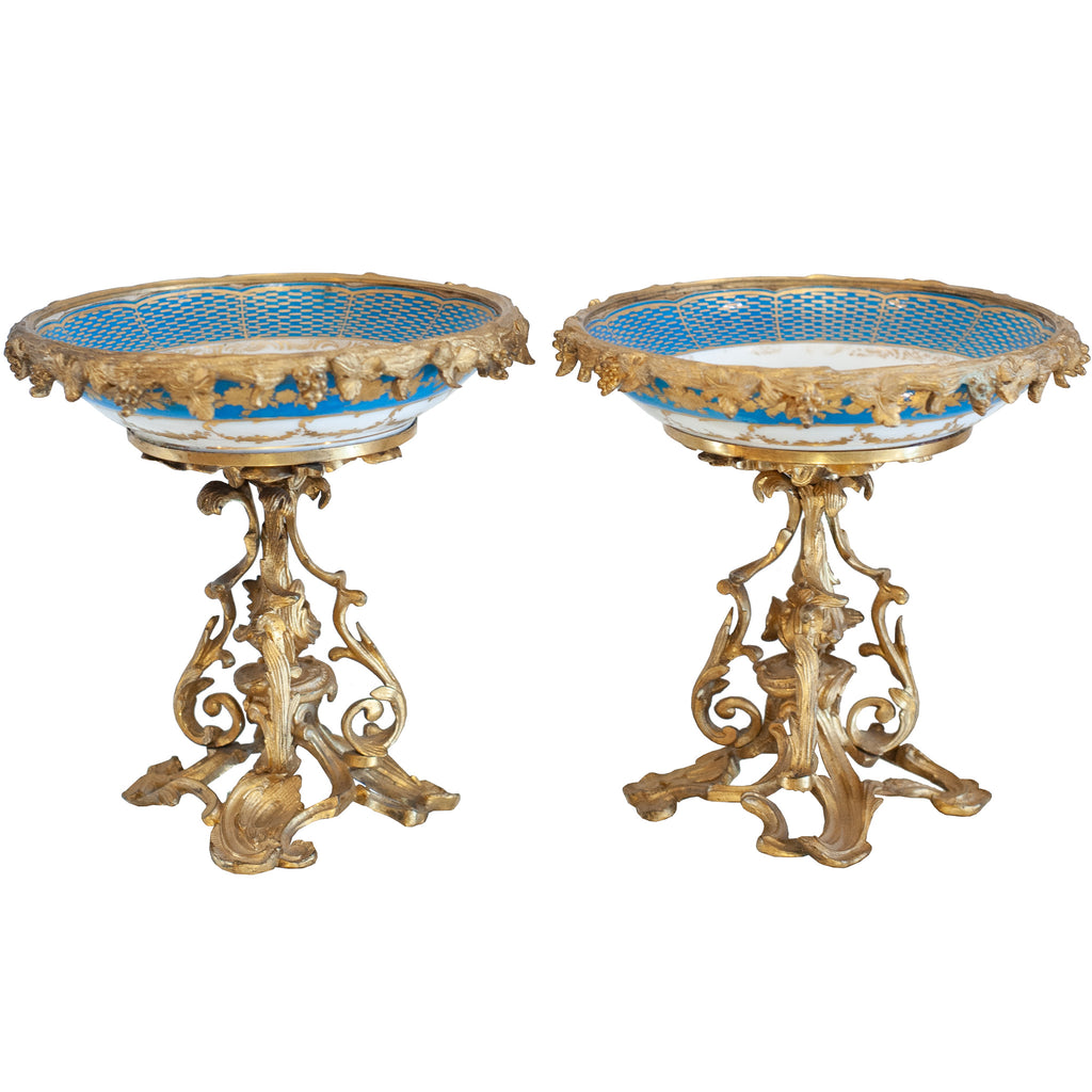 ANTIQUE SÉVRES STYLE PORCELAIN COMPOTES WITH GILT BRONZE FEET