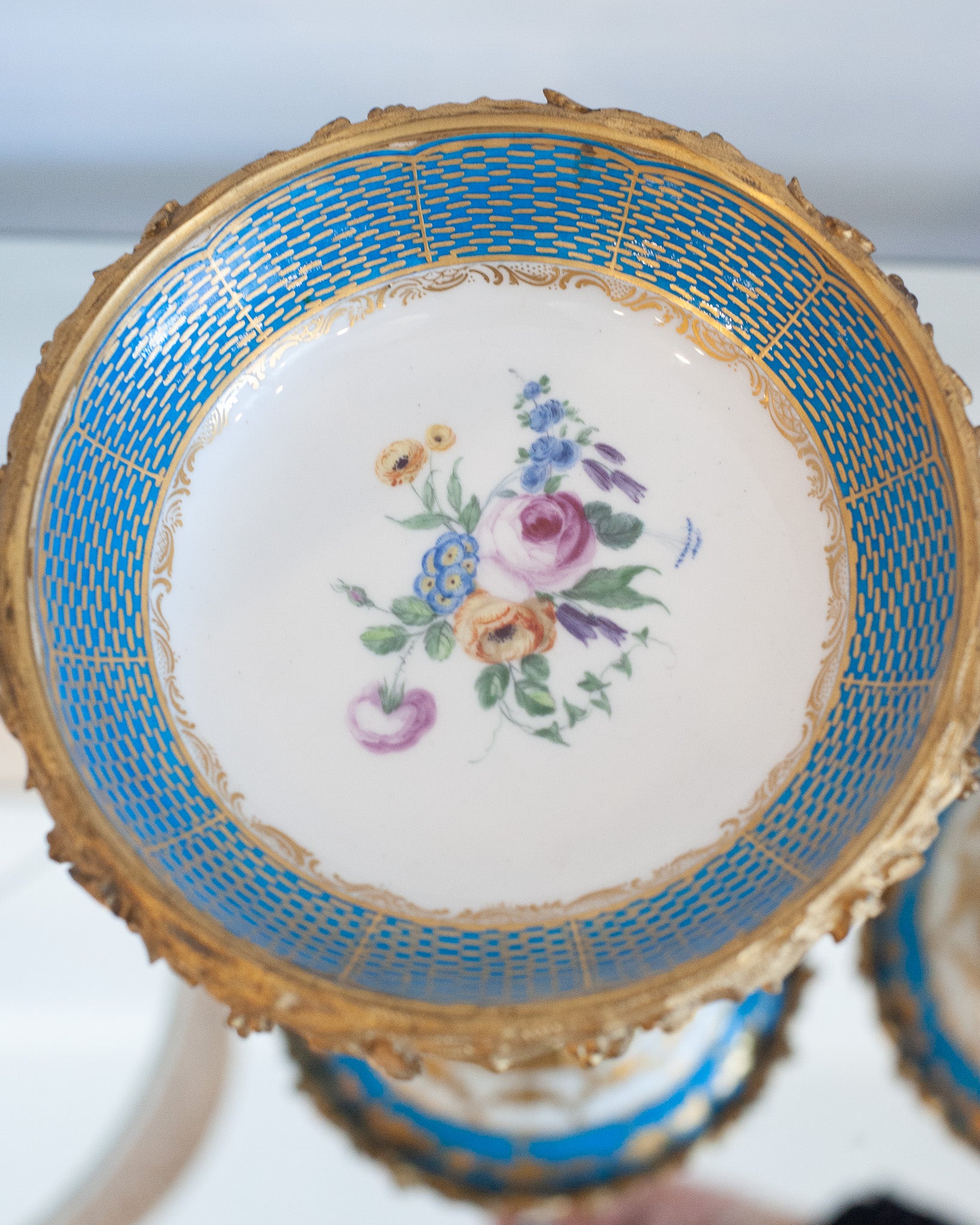 ANTIQUE SÉVRES STYLE PORCELAIN COMPOTES WITH GILT BRONZE FEET