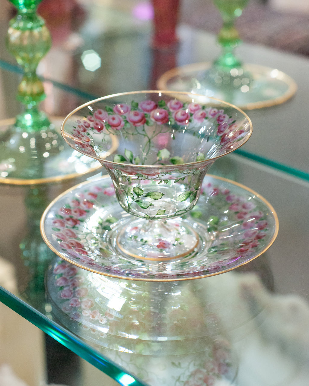 ANTIQUE BOHEMIAN FOOTED BOWL AND UNDERPLATE WITH GILDED RIMS AND ROSE FLORALS