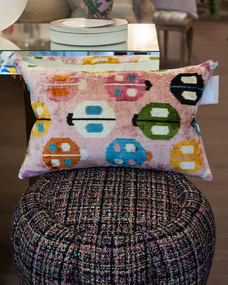 CONTEMPORARY PINK AND MULTICOLOUR SILK VELVET PILLOW WITH LADYBUG MOTIF