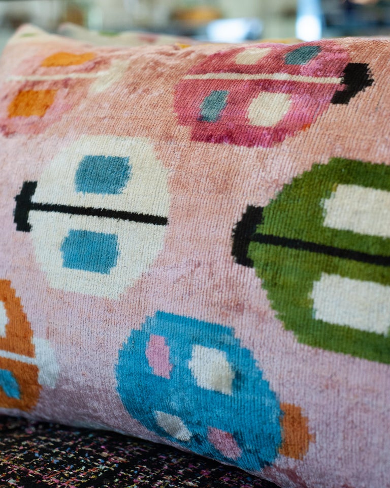 CONTEMPORARY PINK AND MULTICOLOUR SILK VELVET PILLOW WITH LADYBUG MOTIF