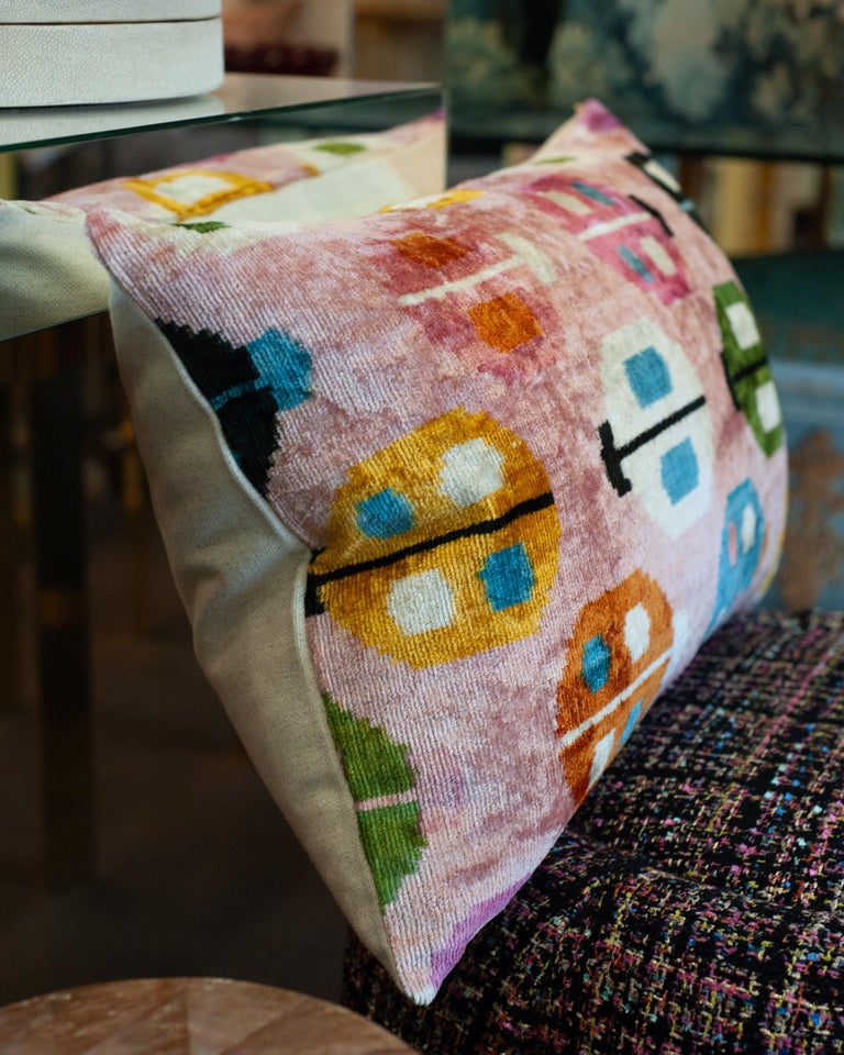 CONTEMPORARY PINK AND MULTICOLOUR SILK VELVET PILLOW WITH LADYBUG MOTIF
