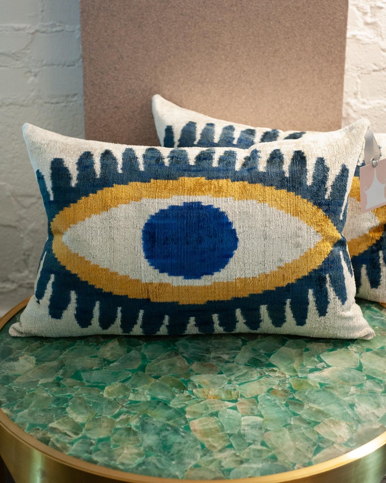 CONTEMPORARY BLUE, YELLOW AND SILVER SILK VELVET PILLOW WITH EVIL EYE MOTIF