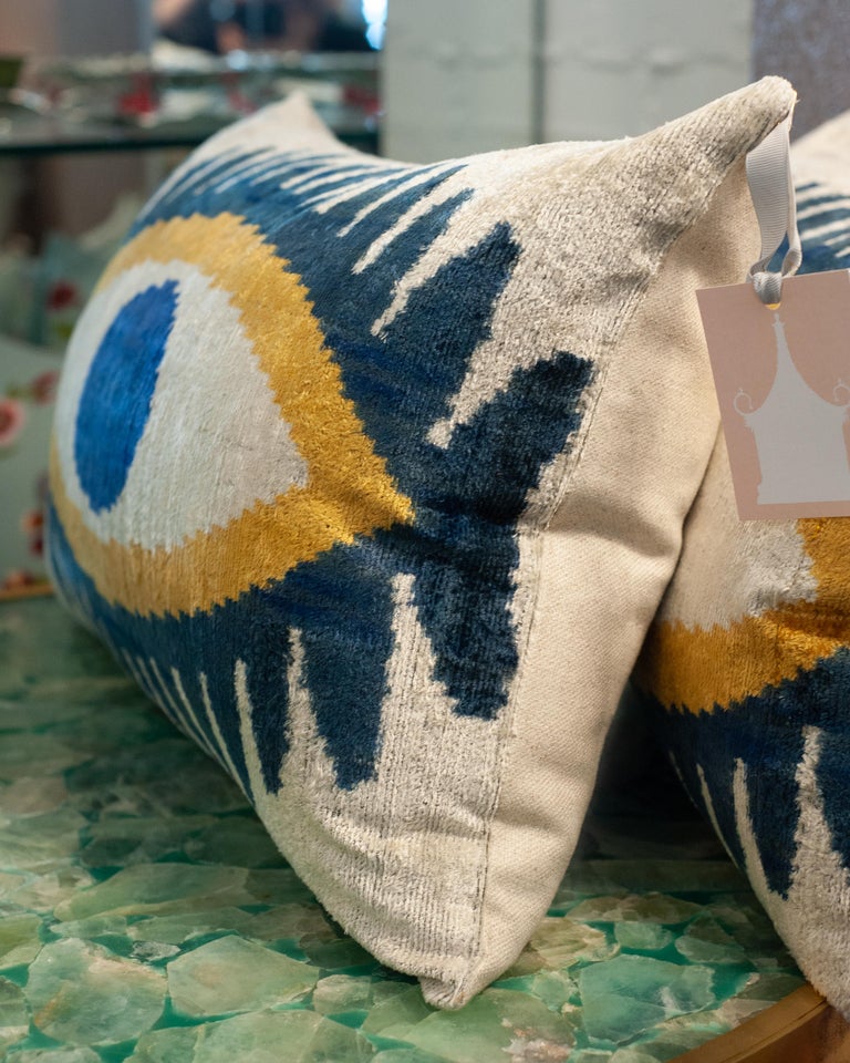 CONTEMPORARY BLUE, YELLOW AND SILVER SILK VELVET PILLOW WITH EVIL EYE MOTIF