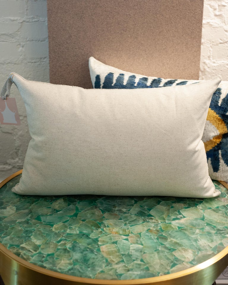 CONTEMPORARY BLUE, YELLOW AND SILVER SILK VELVET PILLOW WITH EVIL EYE MOTIF