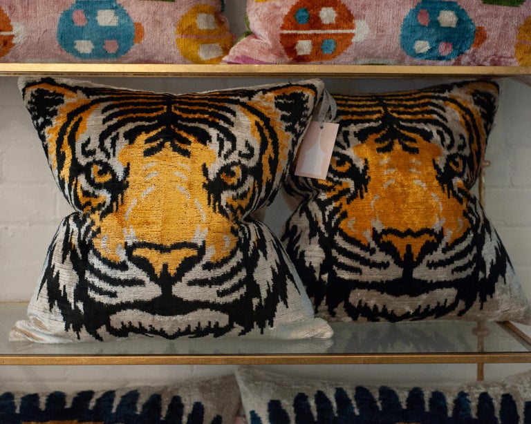 CONTEMPORARY BLACK, ORANGE AND SILVER SILK VELVET PILLOW WITH TIGER MOTIF